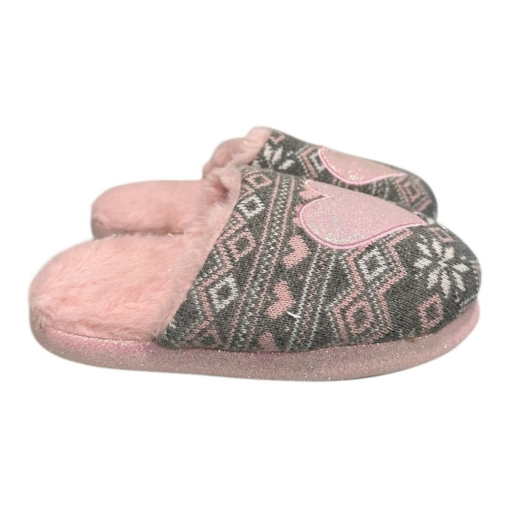 Joe Fresh Slipper Shoes Unisex Kids Size 1 Gray Pink Heart Fair Isle Fuzzy Cozy